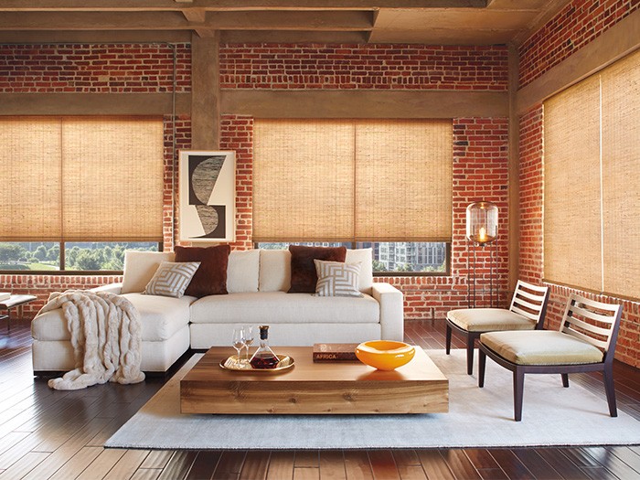 Provenance Woven Woods Shades with the LiteRise® system; Fabric: Jute Forest  Color: Sycamore